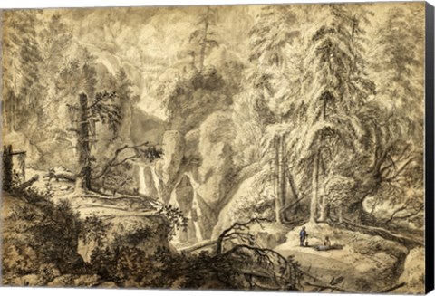 Framed Mountain Landscape, Peasants in a Clearing near a Waterfall Print