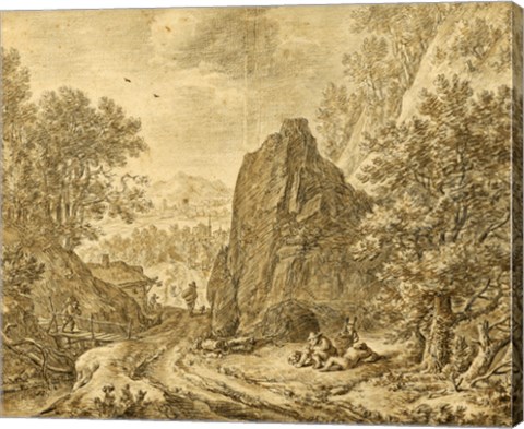 Framed Mountain Landscape with Figures Print