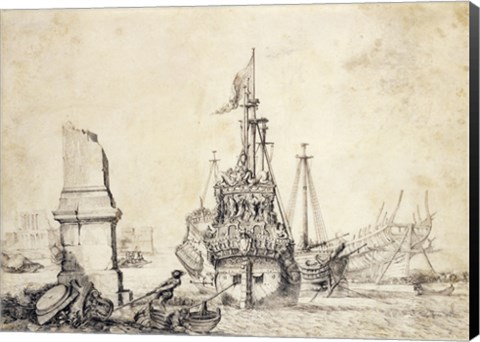 Framed Ship in a Port with a Ruined Obelisk Print