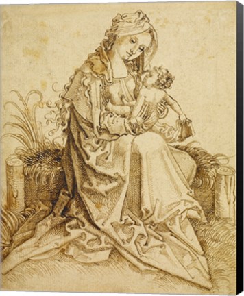 Framed Virgin and Child on a Grassy Bench Print