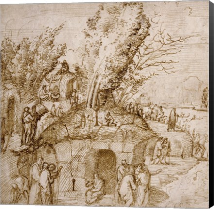 Framed Thebaid: Monks and Hermits in a Landscape Print