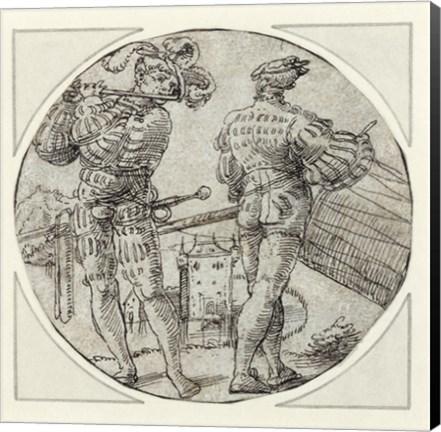 Framed Flutist and Drummer Before a Moated Castle Print