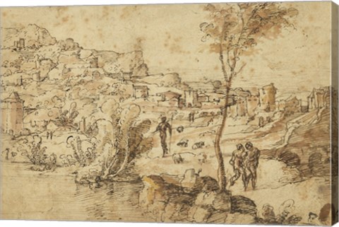 Framed Landscape with Shepherds by a River and a Town Beyond Print