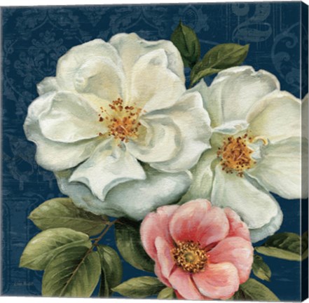 Framed Floral Damask III on Indigo Print