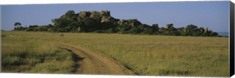 Framed Road passing through a grassland, Simba Kopjes, Road Serengeti, Tanzania, Africa Print