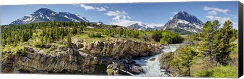 Framed Waterfalls at base of a lake, Swiftcurrent Lake, Glacier National Park, Montana, USA Print