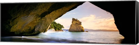 Framed Rock formations in the Pacific Ocean, Cathedral Cove, Coromandel, East Coast, North Island, New Zealand Print