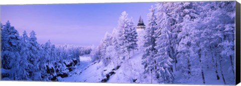 Framed Snow covered trees in front of a hotel, Imatra State Hotel, Imatra, Finland Print