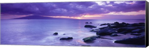 Framed Rocks on coast at sunset, Maui, Hawaii, USA Print