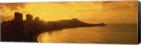 Framed USA, Hawaii, Honolulu, Waikiki Beach, Sunrise view of city and beach Print