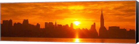Framed Birght Orange Sky and Sun Behind the New York City Skyline Print