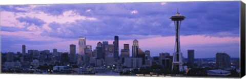 Framed Seattle Skyline with Purple Sky and Clouds Print