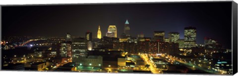 Framed Aerial view of a city lit up at night, Cleveland, Ohio, USA Print