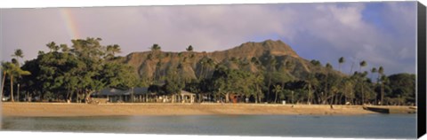 Framed USA, Hawaii, Oahu, Honolulu, Diamond Head St Park, View of a rainbow over a beach resort Print
