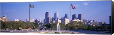 Framed Fountain at art museum with city skyline, Philadelphia, Pennsylvania, USA Print