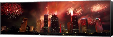 Framed Fireworks over buildings in a city, Houston, Texas Print