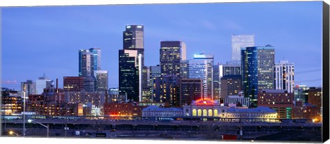 Framed Buildings lit up at dusk, Denver, Colorado Print