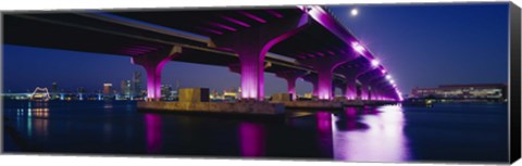 Framed Bridge lit up across a bay, Macarthur Causeway, Biscayne Bay, Miami, Florida, USA Print