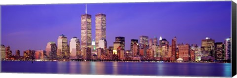 Framed Buildings at the waterfront lit up at dusk, World Trade Center, Wall Street, Manhattan, New York City, New York State, USA Print