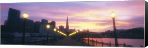 Framed Illuminated lampposts on a pier, San Francisco, California, USA Print