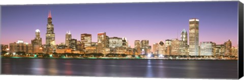 Framed Skyscrapers lit up at night at the waterfront, Lake Michigan, Chicago, Cook County, Illinois, USA Print