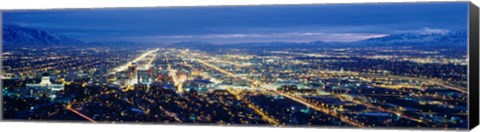 Framed Aerial view of a city lit up at dusk, Salt Lake City, Utah, USA Print