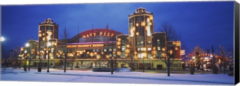 Framed Facade Of A Building Lit Up At Dusk, Navy Pier, Chicago, Illinois, USA Print