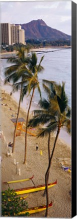 Framed High angle view of tourists on the beach, Waikiki Beach, Honolulu, Oahu, Hawaii, USA Print