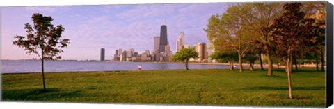 Framed Trees in a park with lake and buildings in the background, Lincoln Park, Lake Michigan, Chicago, Illinois, USA Print