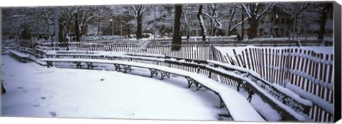Framed Snowcapped benches in a park, Washington Square Park, New York City Print