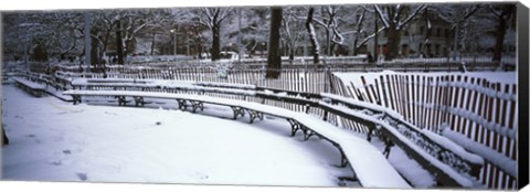 Framed Snowcapped benches in a park, Washington Square Park, New York City Print