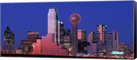 Framed USA, Texas, Dallas, Panoramic view of an urban skyline at night Print