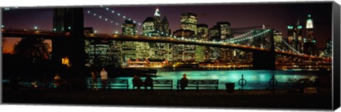 Framed Suspension bridge lit up at dusk, Brooklyn Bridge, East River, Manhattan, New York City, New York State, USA Print