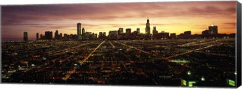 Framed CGI composite, High angle view of a city at night, Chicago, Cook County, Illinois, USA Print