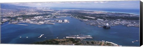 Framed Aerial view of a harbor, Pearl Harbor, Honolulu, Oahu, Hawaii, USA Print