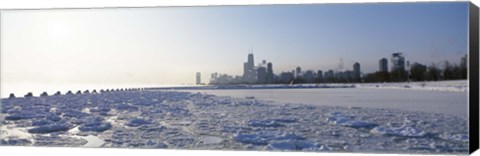 Framed Frozen lake with a city in the background, Lake Michigan, Chicago, Illinois Print