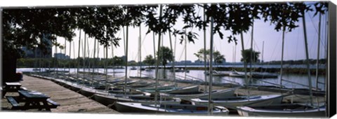 Framed Boats moored at a dock, Charles River, Boston, Suffolk County, Massachusetts, USA Print