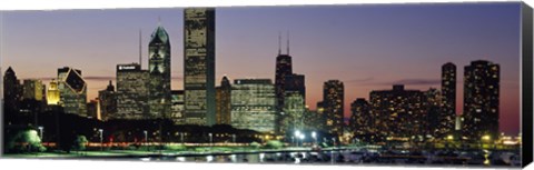 Framed Buildings lit up at dusk, Lake Michigan, Chicago, Cook County, Illinois, USA Print