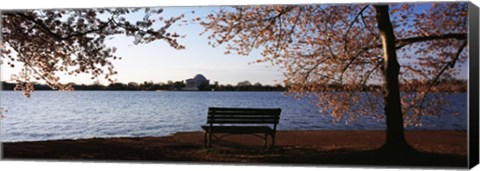 Framed Park bench with a memorial in the background, Jefferson Memorial, Tidal Basin, Potomac River, Washington DC, USA Print