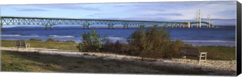 Framed Suspension bridge across a strait, Mackinac Bridge, Mackinaw City, Michigan, USA Print