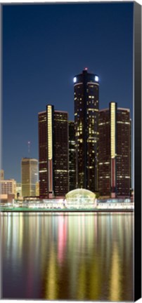 Framed Skyscrapers lit up at dusk, Renaissance Center, Detroit River, Detroit, Michigan, USA Print