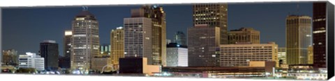 Framed Buildings in a city lit up at night, Detroit River, Detroit, Michigan Print