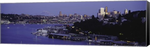 Framed City skyline at the lakeside with Mt Rainier in the background, Lake Union, Seattle, King County, Washington State, USA Print