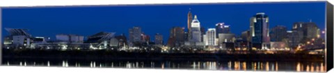 Framed Cincinnati skyline and John A. Roebling Suspension Bridge at twilight from across the Ohio River, Hamilton County, Ohio, USA Print