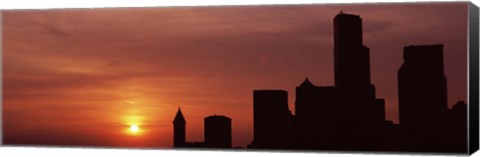 Framed Silhouette of buildings at dusk, Seattle, Washington State Print