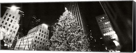 Framed Christmas tree lit up at night, Rockefeller Center, Manhattan (black and white) Print