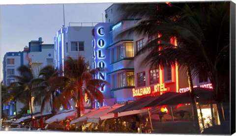 Framed Hotels lit up at dusk in a city, Miami, Miami-Dade County, Florida, USA Print