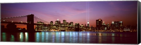 Framed Skyscrapers lit up at night, World Trade Center, Lower Manhattan, Manhattan, New York City, New York State, USA Print