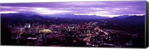 Framed Aerial view of a city lit up at dusk, Asheville, Buncombe County, North Carolina, USA 2011 Print