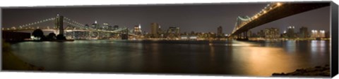Framed Brooklyn Bridge and Manhattan Bridge across East River at night, Manhattan, New York City, New York State, USA Print